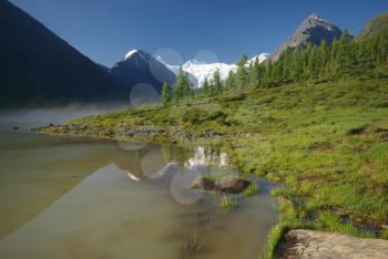 Beautiful mountain landscape near the lake. Mountain Lake. Kind of mountainous terrain and the water in the valley.