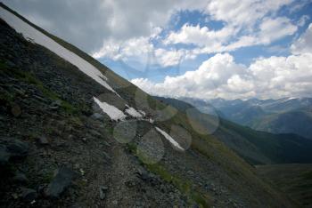 Mountain landscape. Highlands, the mountain peaks, gorges and valleys. The stones on the slopes.