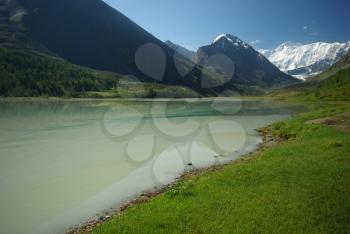 The mountain river in the mountains. Current through the gorge the river. Stones and rocky land near the river. Beautiful mountain landscape.