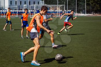 Football game. Training matches junior teams and fans.