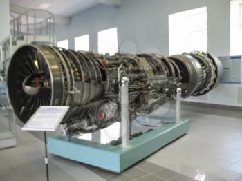 Gatchina, Russia - June 16, 2016: Museum of the history of aircraft engine building. Aircraft engines on stands. Turbine engines and internal combustion engines. Models of aircraft construction.