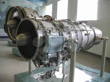 Gatchina, Russia - June 16, 2016: Museum of the history of aircraft engine building. Aircraft engines on stands. Turbine engines and internal combustion engines. Models of aircraft construction.