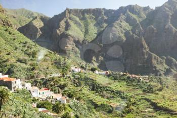 Mountain landscape of Tenerife. Volcanic island. Hills and valleys.