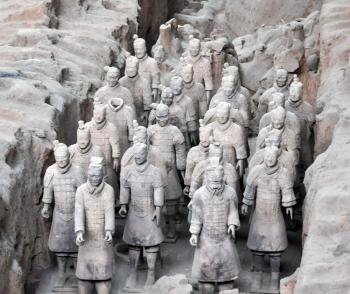 XIAN, CHINA - October 29, 2017: Terracotta Army. Clay soldiers of the Chinese emperor. Sculptures of the soldiers of the emperor.