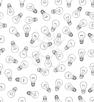 Bulb white background. Electric lamp seamless pattern. Doodle line sketch ornamental decor