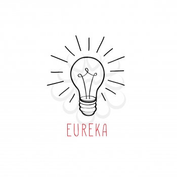 Lamp bulb isolated over white background with handwritten lettering. Great idea icon concept. Doodle line hand drawn sketch illustration