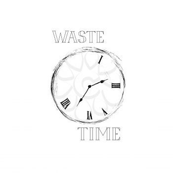 Waste time sign concept. Doodle retro watch dial with damaged numbers. Lose time stylish emblem