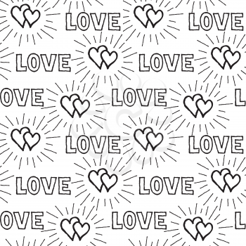 Black love hearts and handwritten lettering LOVE seamless pattern. Doodle sketch holiday tile ornament