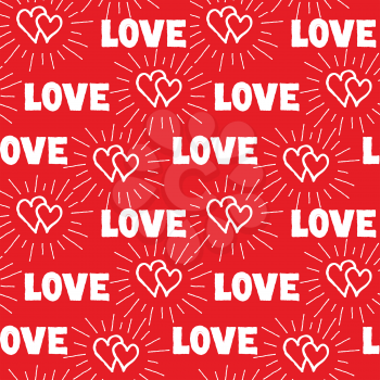 Love hearts seamless pattern. Doodle ornamental hand drawn background with beams and handwritten lettering LOVE. 