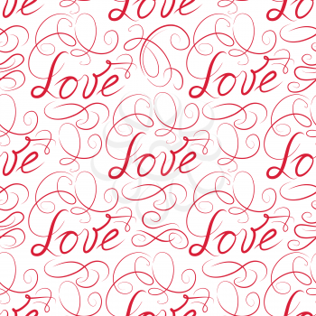 Love seamless pattern. Doodle ornamental swirl calligraphic vignette background with handwritten lettering LOVE.