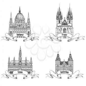 Famous European capital city buildings. Landmarks engraving. Travel Europe symbol set. Prague, Vienna, Amsterdam, Budapest city signs.