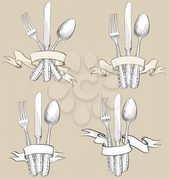 Fork, Knife, Spoon hand drawing sketch set. Cutlery collection. Restaurant symbol set.