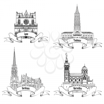 French famous buildings and landmarks. Hand drawn French city label set. Roman architecture. Travel France symbol collection. Bordeaux, Toulouse, Lyon, Marseille cathedrals.