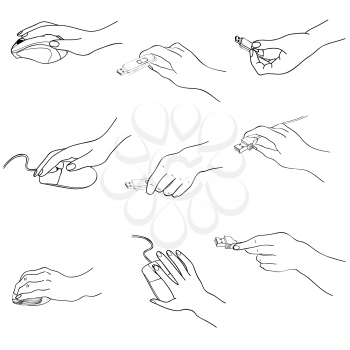 Hands set. Hand holding memory stick, computing, mouse, plug. Hand drawing sketch collection.