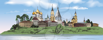 Old russian town landscape with church, hand drawn sketch vector illustration. Kolomna city. View of Suzdal cityscape. The Golden Ring of Russia.