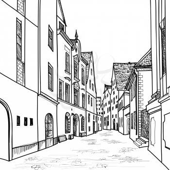 European downtown landscape. Vector illustration. Pedestrian street in the old European city with church on the background. Historic city street. Hand drawn sketch of cityscape. 