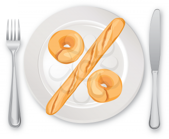 Count Calories Concept. Percent sign. Bread on plate isolated on white background. Vector illustration.