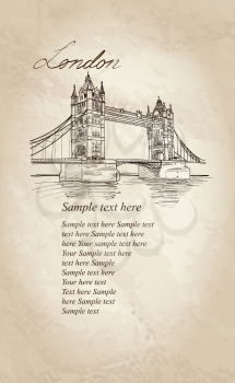 Tower Bridge, London, England, UK, Europe. Hand drawing old fashion illustration background with copy space.