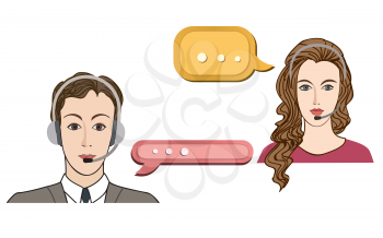Call center concept with man and woman in headset. Vector icon set. Customer service avatar.