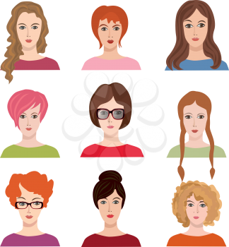 Avatar icon set. Beautiful young girls with various hair style
