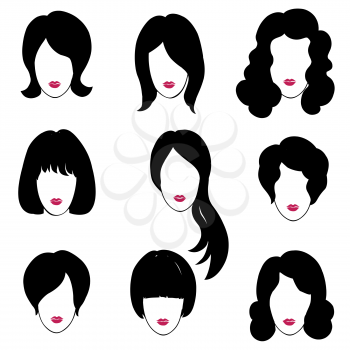 Hair styly set. Woman profiles. Girl silhouettes collection. Female beauty icons.