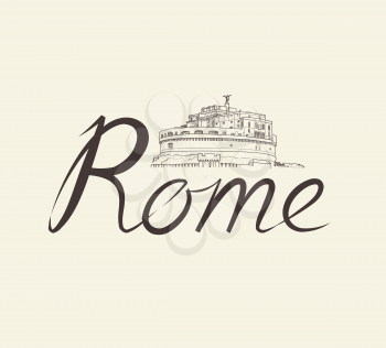 Rome famous place with lettering Travel Italy background. City landmark engraving sign. Rome cityscape with Castle Saint Angel.