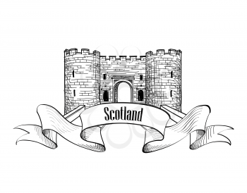 Scotland label with ribbon and copy space. Scotch famous Stirling castle sketch symbol, Stirlingshire, Scotland.