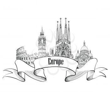 Travel Europe label. Famous buildings and landmarks. Eouropean capital city emblem.