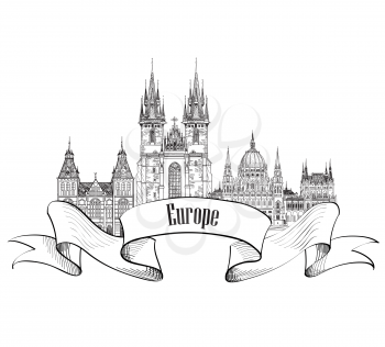 Travel Europe label. Famous buildings and landmarks. European capital city emblem.