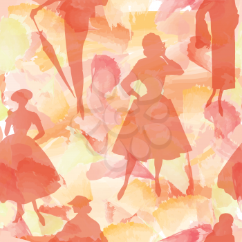 Fashion model posing in an elegant retro dress seamless pattern. Vintage watercolor background.