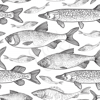 Fish seamless background. Sketch underwater marine pattern.