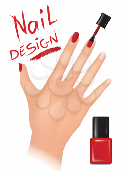 Nail polish design banner. Woman hand with applying a varnish on nails