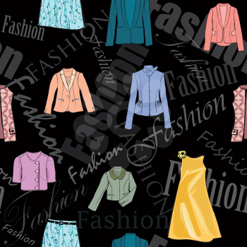 Fashion cloth seamless pattern. Women clothes and accessories. Retail tile dress sale background