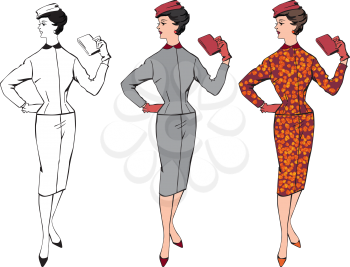 Stylish fashion dressed girls (1950's 1960's style): Retro fashion party. vintage fashion silhouettes from 60s.