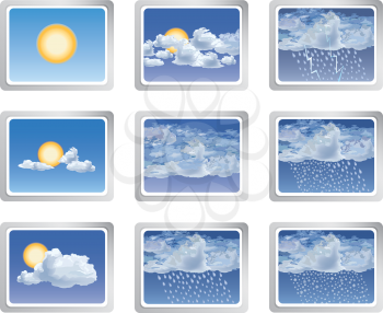 Weather report icon set. Sun with clouds buttons. Seasonal sign