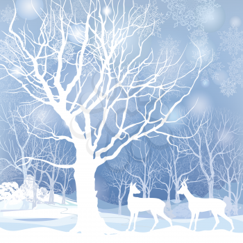 Snow winter landscape with two deers. Abstract vector illustration of winter forest. Snow winter background.