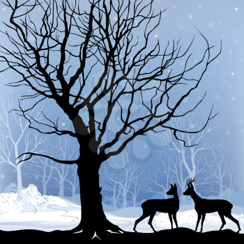 Snow winter landscape with two deers. Abstract vector illustration of winter forest. Snow winter background.