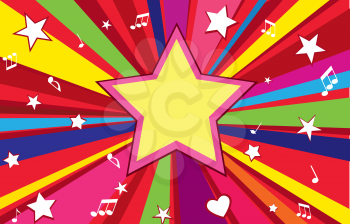 Party card, banner. Fun music star background. Musical radio sign
