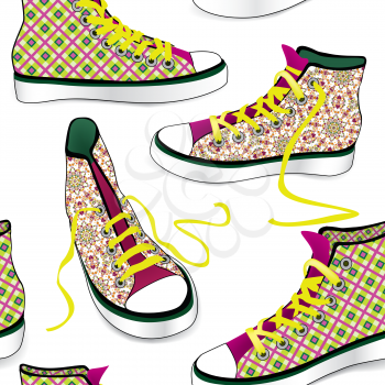 Sneakers tile background. Different sport shoes seamless pattern