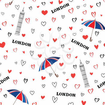 Travel London city seamless pattern with love hearts and umbrella. British landmark wallpaper.  European vacation background