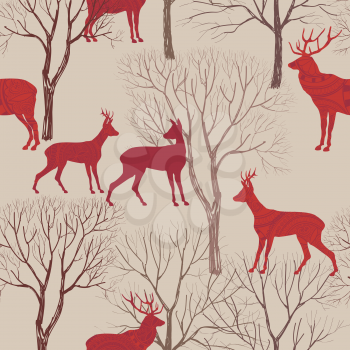 Animals in autumn forest pattern. Fall leaves and trees seamless background. Deer Vintage Christmas elements. Reindeer seamless pattern background. Editable vector texture.