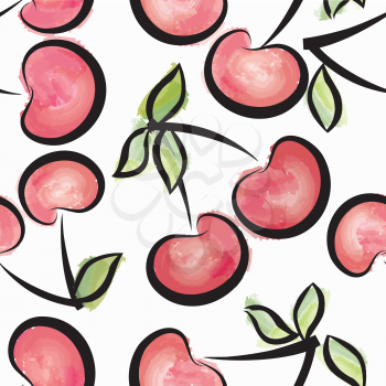 Cherry watercolor seamless pattern. Juicy fruits and berries tiled background