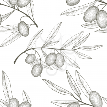 Olive tree branch with olives isolated sketch over white background Retro olive branch engraving seamless pattern Vector illustration Food ingredient texture