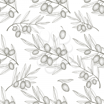Olive tree branch with olives isolated sketch over white background Retro olive branch engraving seamless pattern Vector illustration Food ingredient texture