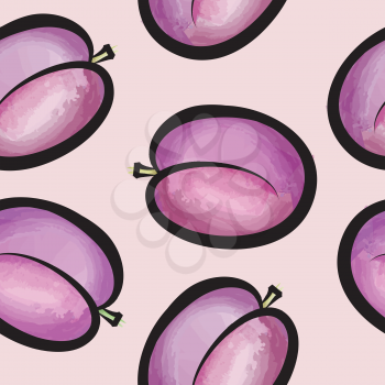 Plum watercolor seamless pattern. Juicy fruits tiled background