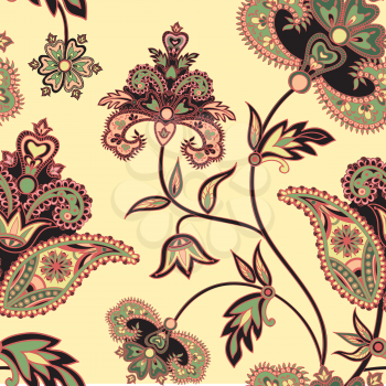 Flourish tiled pattern. Floral retro background. Curved tree branch with fantastic flowers, leaves and berries. Wonderland motives of the paintings of ancient Indian fabric patterns.
