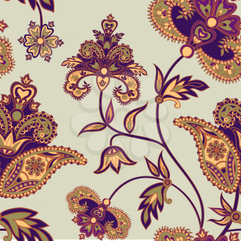 Flourish tiled pattern. Floral retro background. Curved tree branch with fantastic flowers, leaves and berries. Wonderland motives of the paintings of ancient Indian fabric patterns.