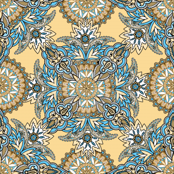 Flourish tiled pattern. Abstract floral geometric seamless oriental background. Fantastic flowers and leaves. Wonderland motives of the paintings of arabic mamdala. Indian fabric pattern.