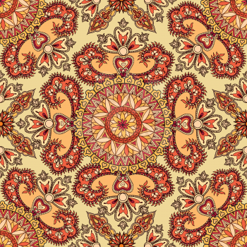 Flourish tiled pattern. Abstract floral geometric seamless oriental background. Fantastic flowers and leaves. Wonderland motives of the paintings of arabic mamdala. Indian fabric pattern.