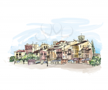 Old city street with shops and cafe. European cityscape. Cityscape - houses, buildings and tree on alleyway. Old city view. Medieval european watercolor landscape. Pencil drawn vector colored sketch. 